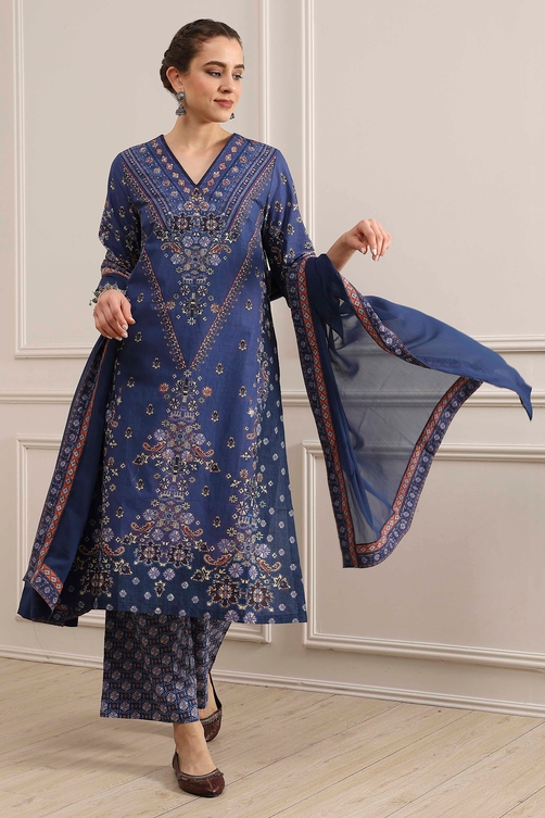 Blue Cotton Printed Straight Suit Set
